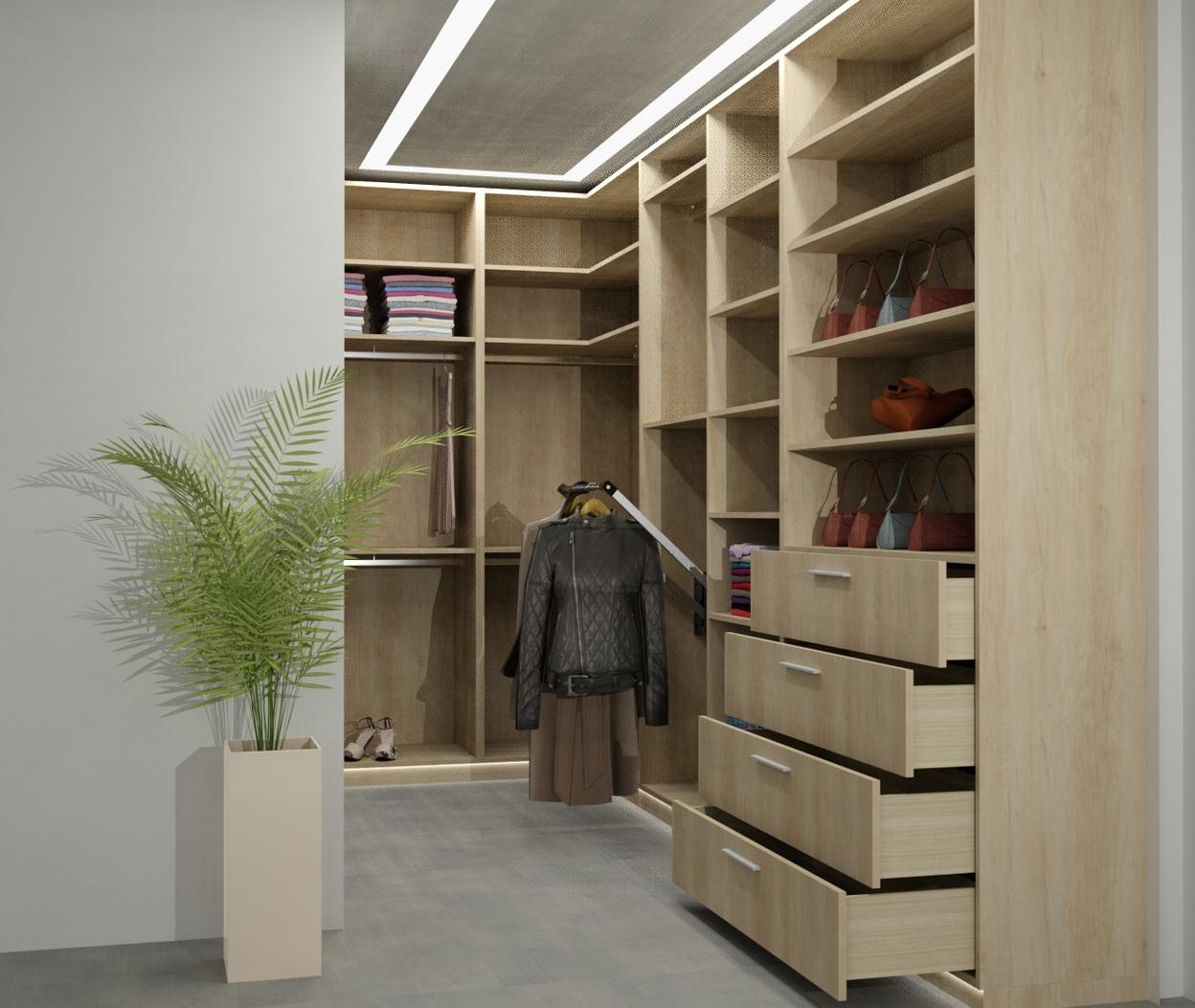 Moderner begehbarer Kleiderschrank aus hellem Holz mit offenen Regalen, Schubladen und Kleiderstange, maßgefertigt für optimale Raumnutzung.