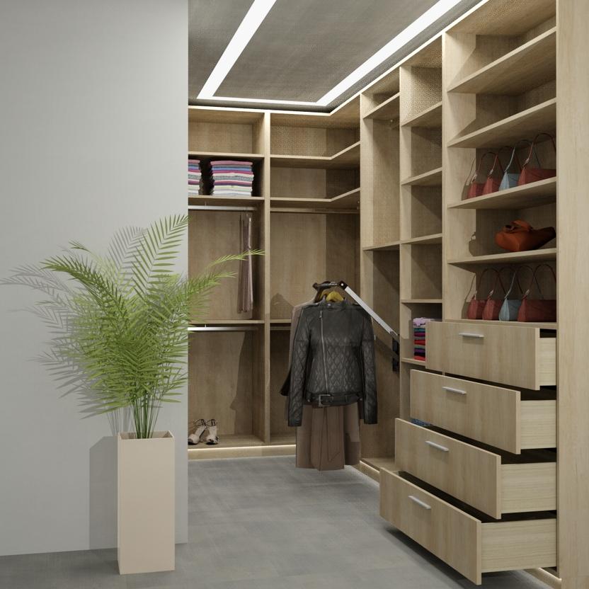 Moderner begehbarer Kleiderschrank aus hellem Holz mit offenen Regalen, Schubladen und Kleiderstange, ma&szlig;gefertigt f&uuml;r optimale Raumnutzung.